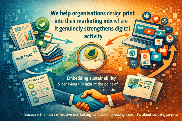 Print or Digital? Why Behaviour Should Drive Modern Marketing Print and digital are often treated as competing channels, but the most effective marketing strategies focus on behaviour, not format. This article explores how print strengthens digital marketing by improving recall, building trust, and adding lasting impact—when used with purpose and sustainability at the decision stage.