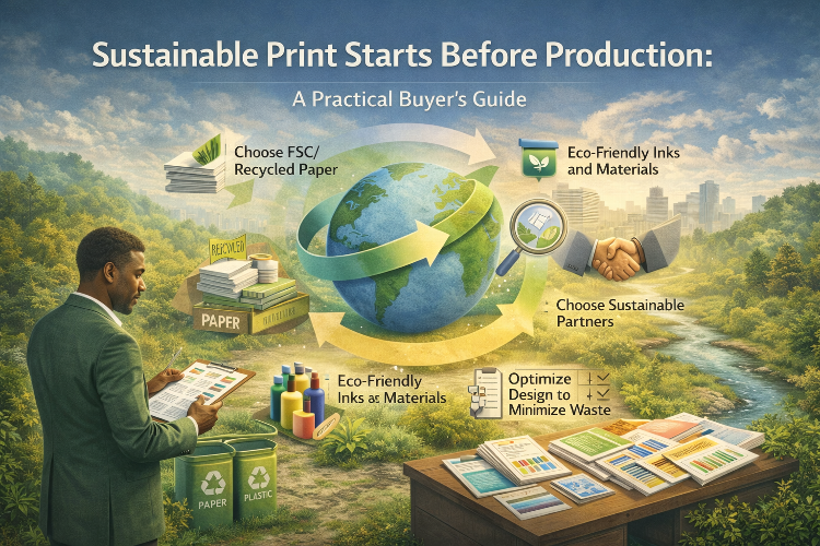 Sustainable Print Starts Before Production: A Practical Buyer’s Guide Sustainable print isn’t about measuring impact after production — it’s about the decisions made at the very start.
This practical guide shows print buyers and marketers where environmental impact is really created, how early choices shape cost, waste, and effectiveness, and how to embed responsibility into briefs, formats, materials, and supplier selection from day one.
